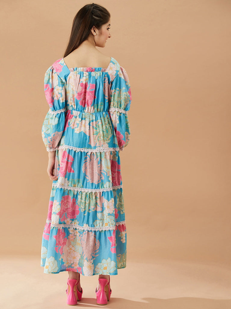 Girls Floral Printed Fit And Flare Tiered Cotton Maxi Dress (IW-PRINCESSBLUE)