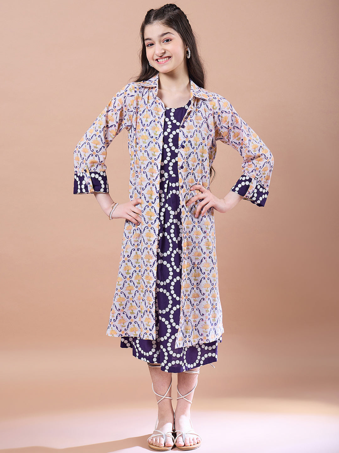 Girls Purple geometric print a-line dress Cotton Round Neck Midi Dress with Shrug (IW-PURPLECIRCLE)