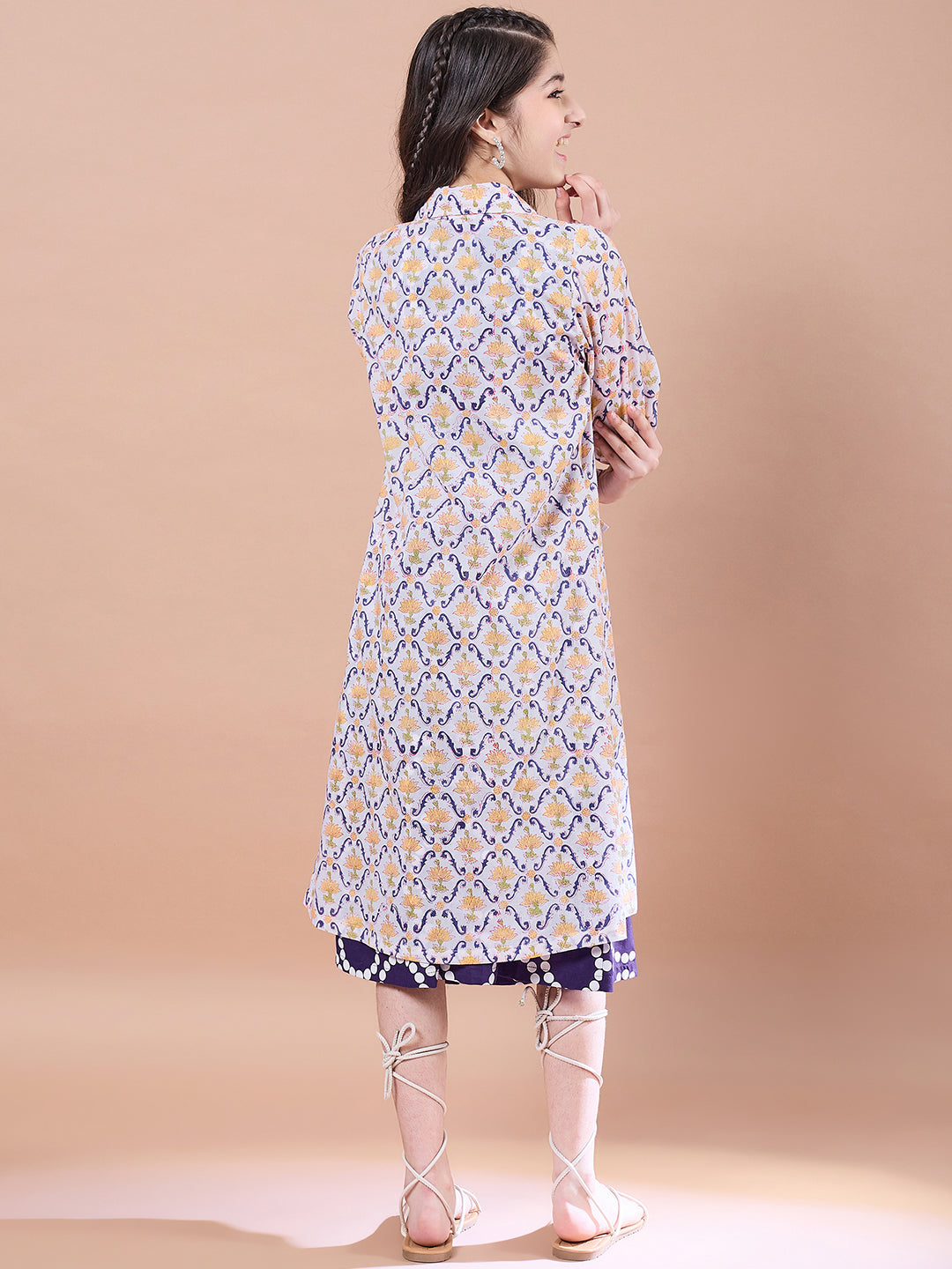 Girls Purple geometric print a-line dress Cotton Round Neck Midi Dress with Shrug (IW-PURPLECIRCLE)