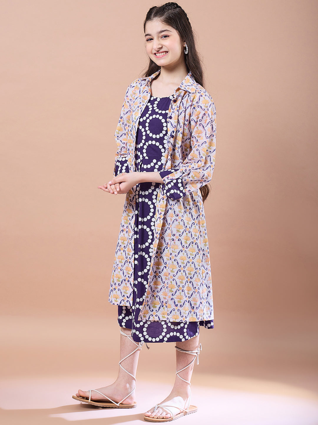 Girls Purple geometric print a-line dress Cotton Round Neck Midi Dress with Shrug (IW-PURPLECIRCLE)