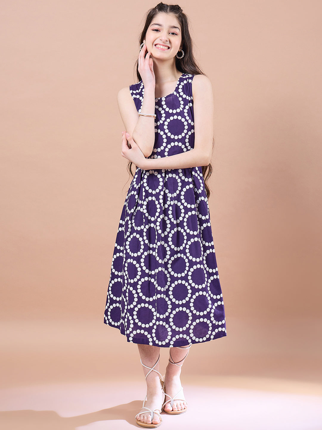 Girls Purple geometric print a-line dress Cotton Round Neck Midi Dress with Shrug (IW-PURPLECIRCLE)