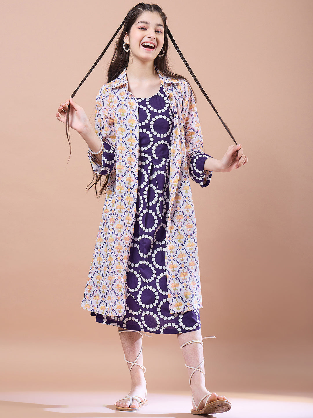 Girls Purple geometric print a-line dress Cotton Round Neck Midi Dress with Shrug (IW-PURPLECIRCLE)