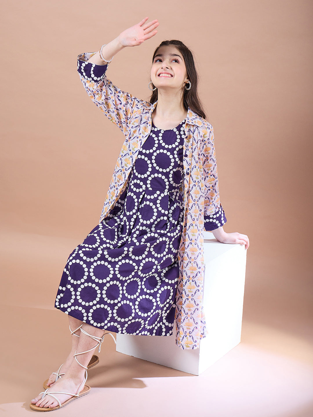 Girls Purple geometric print a-line dress Cotton Round Neck Midi Dress with Shrug (IW-PURPLECIRCLE)