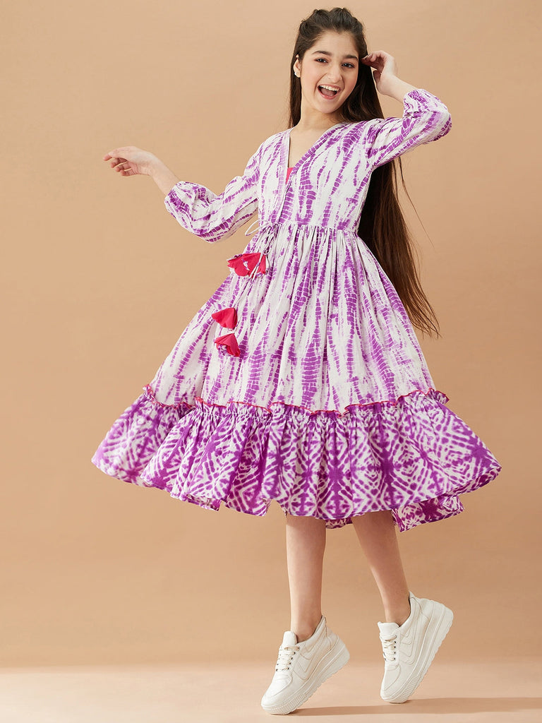 Girls Tie And Dye Cotton A-Line Midi Dress (IW-PURPLESHIBORI)