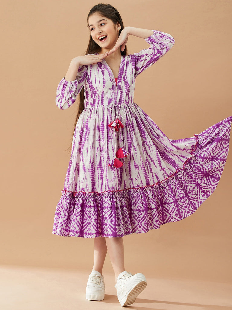 Girls Tie And Dye Cotton A-Line Midi Dress (IW-PURPLESHIBORI)