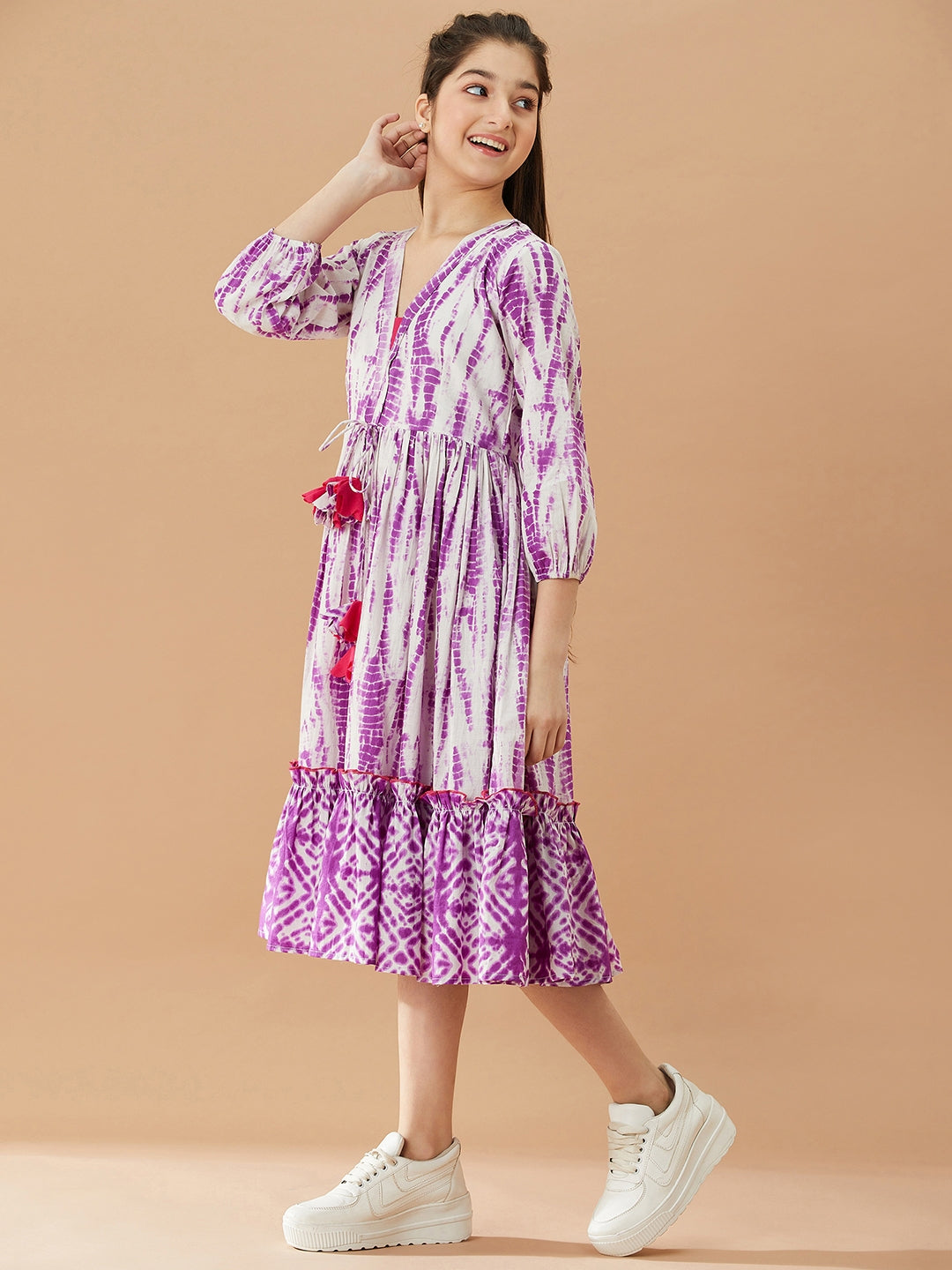 Girls Tie And Dye Cotton A-Line Midi Dress (IW-PURPLESHIBORI)