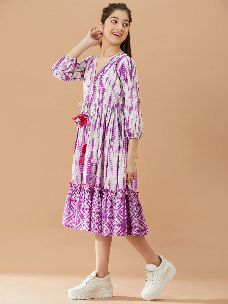 Girls Tie And Dye Cotton A-Line Midi Dress (IW-PURPLESHIBORI)