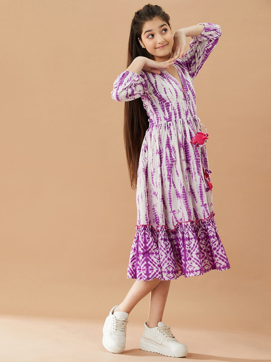 Girls Tie And Dye Cotton A-Line Midi Dress (IW-PURPLESHIBORI)