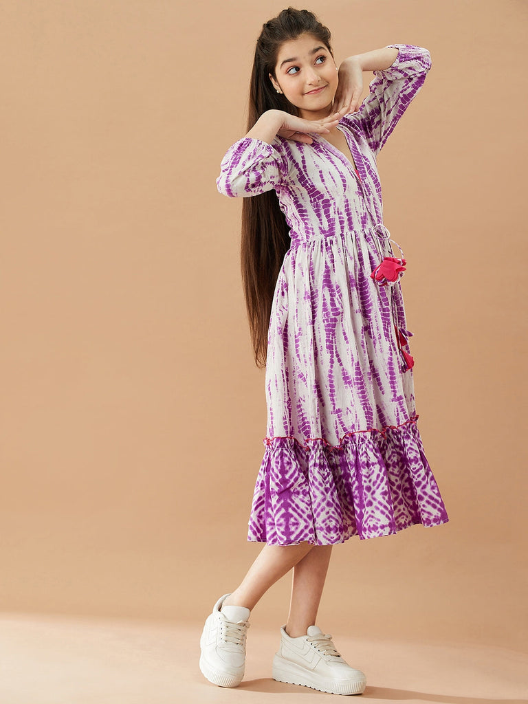 Girls Tie And Dye Cotton A-Line Midi Dress (IW-PURPLESHIBORI)