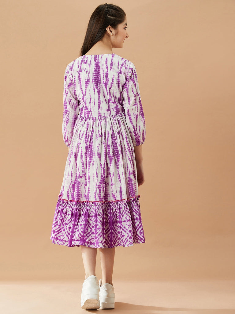 Girls Tie And Dye Cotton A-Line Midi Dress (IW-PURPLESHIBORI)
