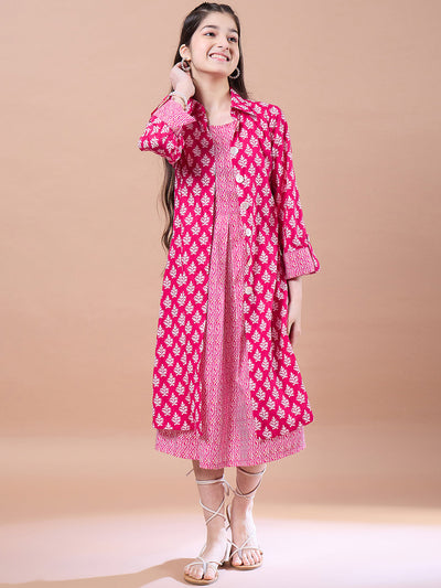 Girls Ethnic Motifs Print A-Line Cotton Mandarin collar Three-quarter sleeves Midi Dress (IW-RANIBOOTI)