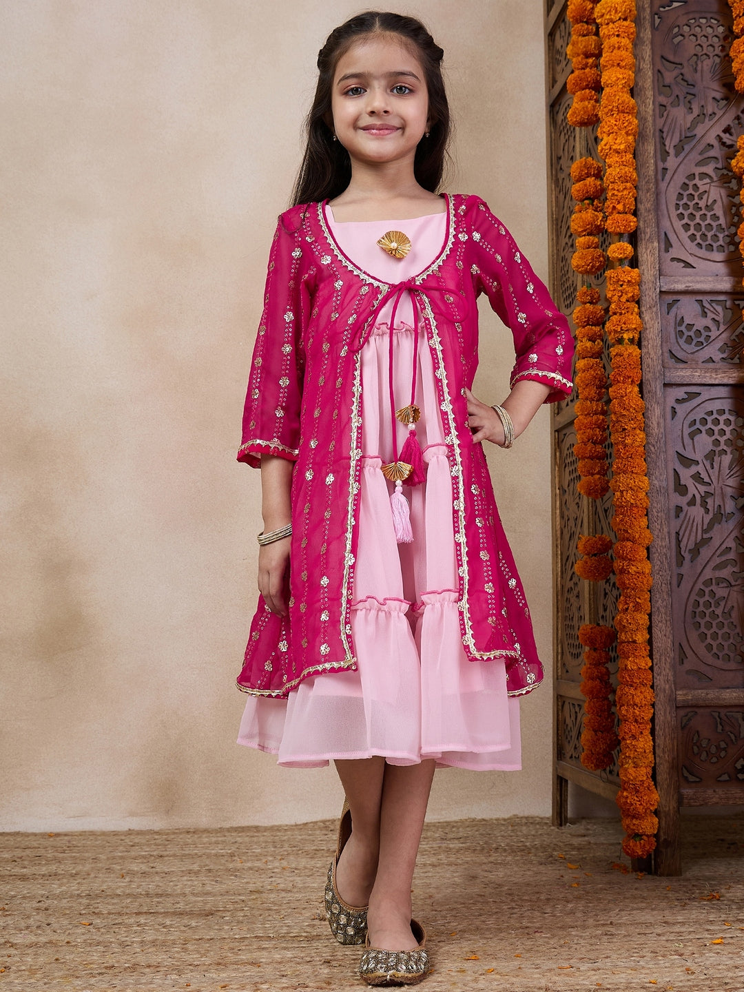 Girls Tiered Sleeveless A-Line Midi Georgette Ethnic Dress With Embroidered Shrug (IW-RANIGGTSEQ)