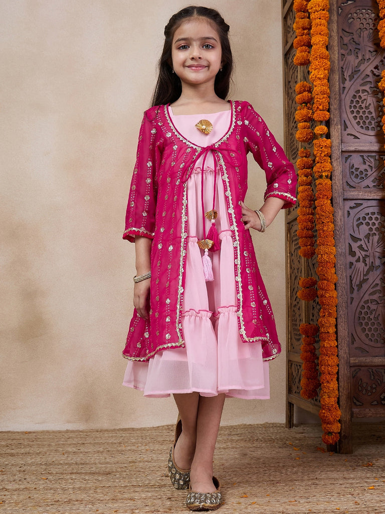 Girls Tiered Sleeveless A-Line Midi Georgette Ethnic Dress With Embroidered Shrug (IW-RANIGGTSEQ)