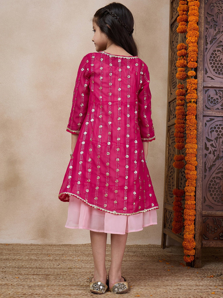 Girls Tiered Sleeveless A-Line Midi Georgette Ethnic Dress With Embroidered Shrug (IW-RANIGGTSEQ)