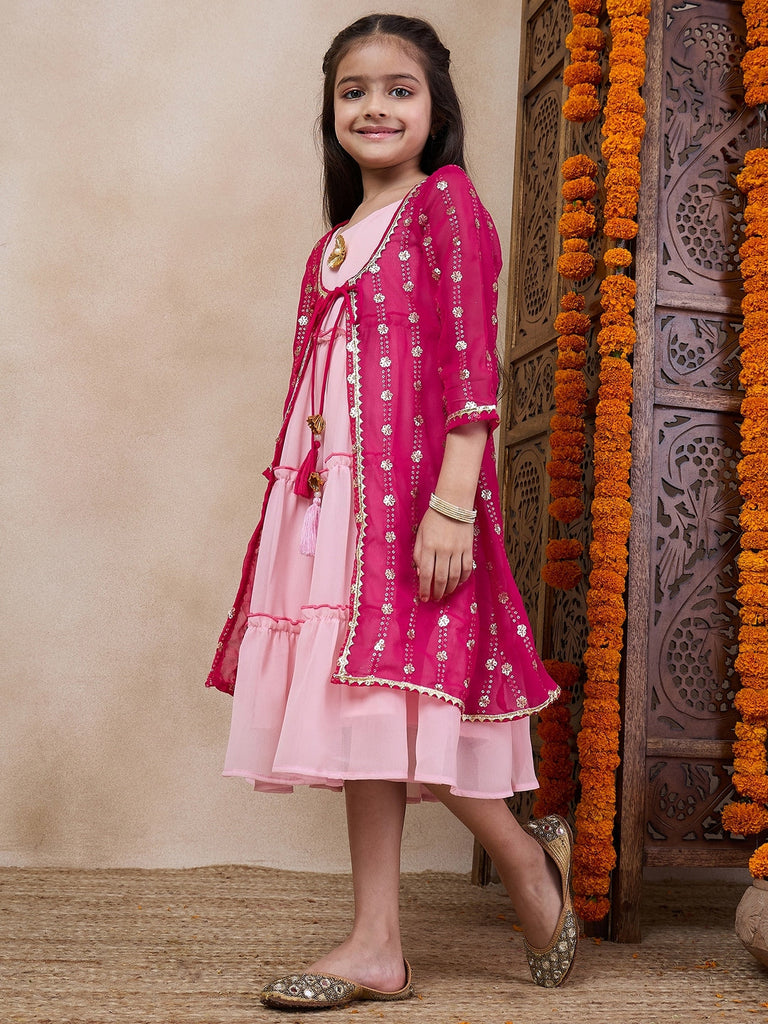 Girls Tiered Sleeveless A-Line Midi Georgette Ethnic Dress With Embroidered Shrug (IW-RANIGGTSEQ)