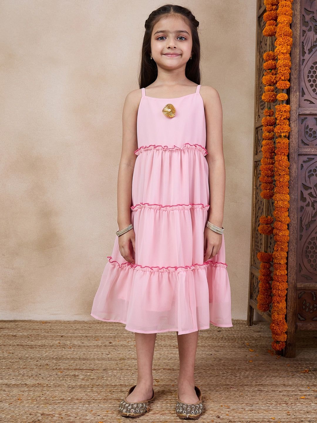 Girls Tiered Sleeveless A-Line Midi Georgette Ethnic Dress With Embroidered Shrug (IW-RANIGGTSEQ)