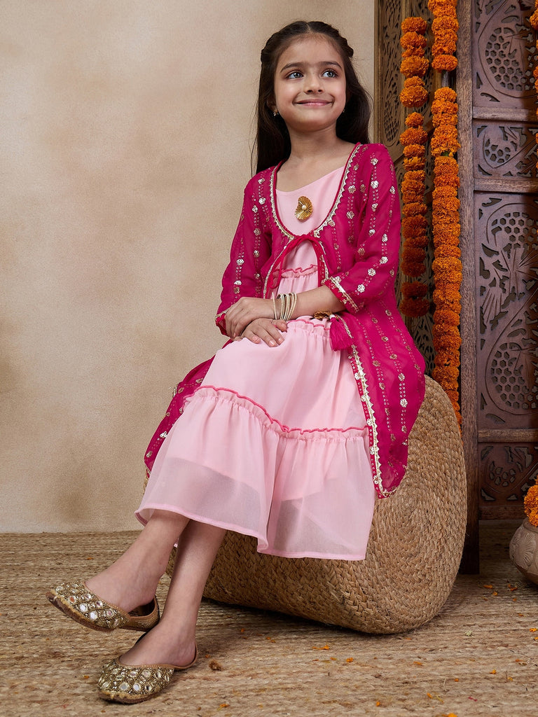 Girls Tiered Sleeveless A-Line Midi Georgette Ethnic Dress With Embroidered Shrug (IW-RANIGGTSEQ)
