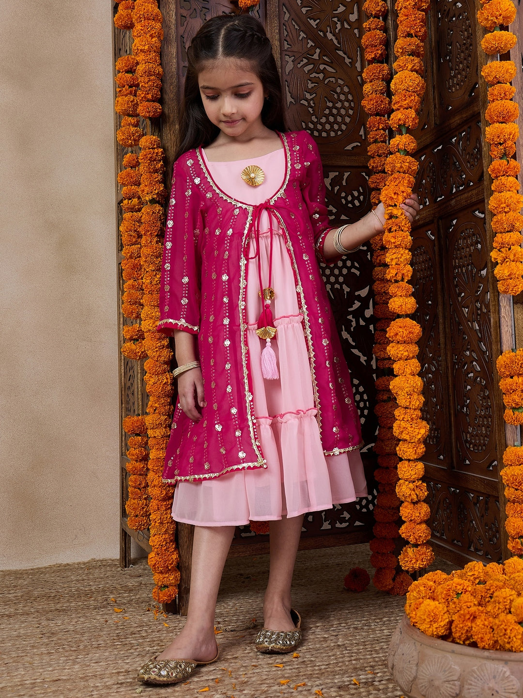 Girls Tiered Sleeveless A-Line Midi Georgette Ethnic Dress With Embroidered Shrug (IW-RANIGGTSEQ)