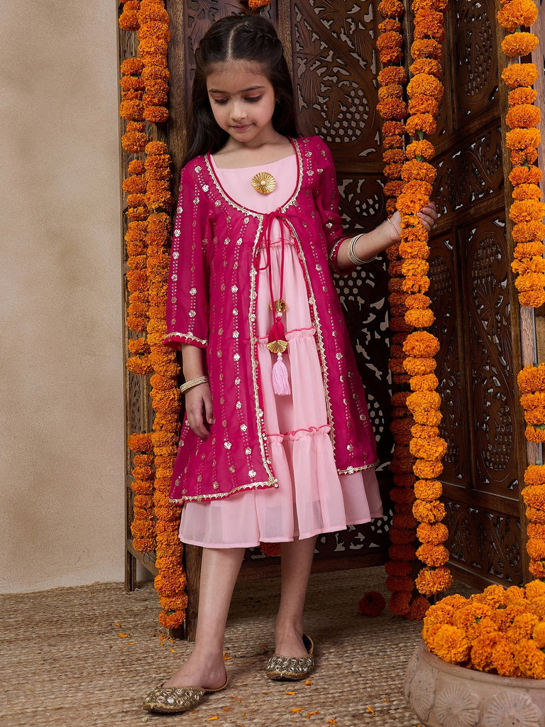 Girls Tiered Sleeveless A-Line Midi Georgette Ethnic Dress With Embroidered Shrug (IW-RANIGGTSEQ)