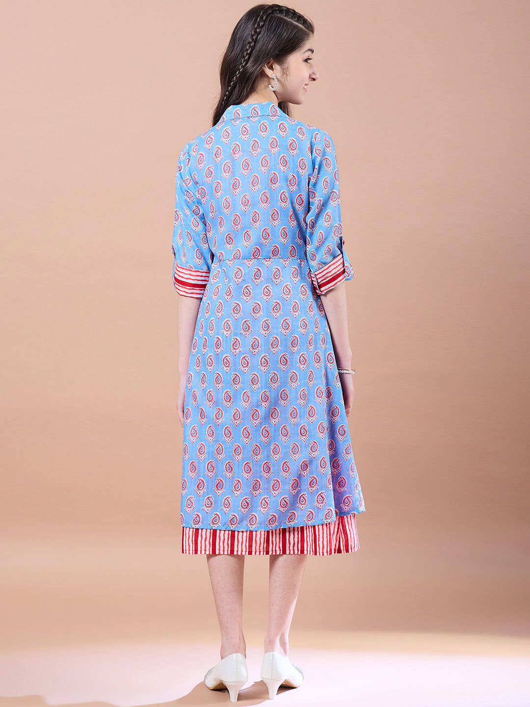 Girls Blue Ethnic Motifs Print Cotton Round Neck Three-quarter sleeves A-Line Midi Dress With Shrug (IW-REDBLUESTRIPE)