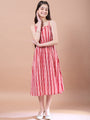 Girls Blue Ethnic Motifs Print Cotton Round Neck Three-quarter sleeves A-Line Midi Dress With Shrug (IW-REDBLUESTRIPE)