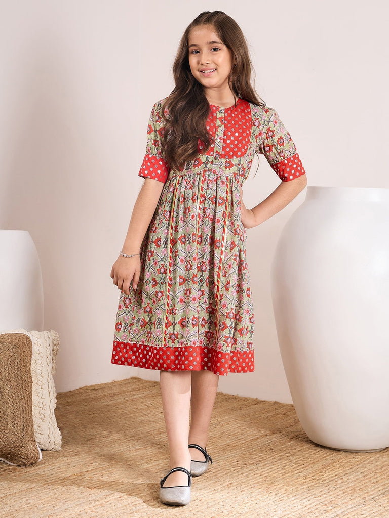 Girls Red & beige ethnic motifs print fit & flare Round neck regular sleeves dress Cotton Midi Dress (IW-REDFOILYOKE)