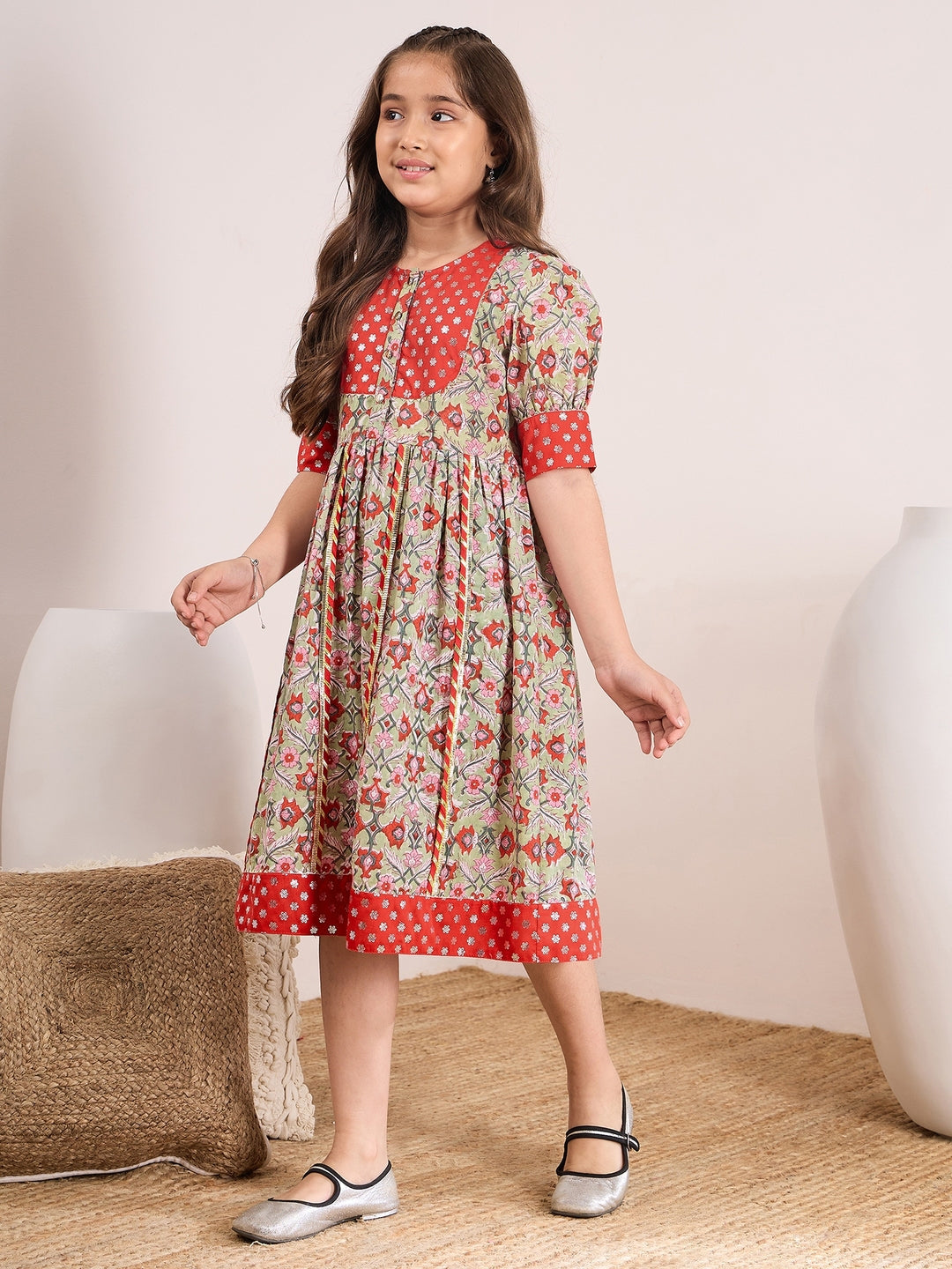 Girls Red & beige ethnic motifs print fit & flare Round neck regular sleeves dress Cotton Midi Dress (IW-REDFOILYOKE)