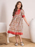 Girls Red & beige ethnic motifs print fit & flare Round neck regular sleeves dress Cotton Midi Dress (IW-REDFOILYOKE)