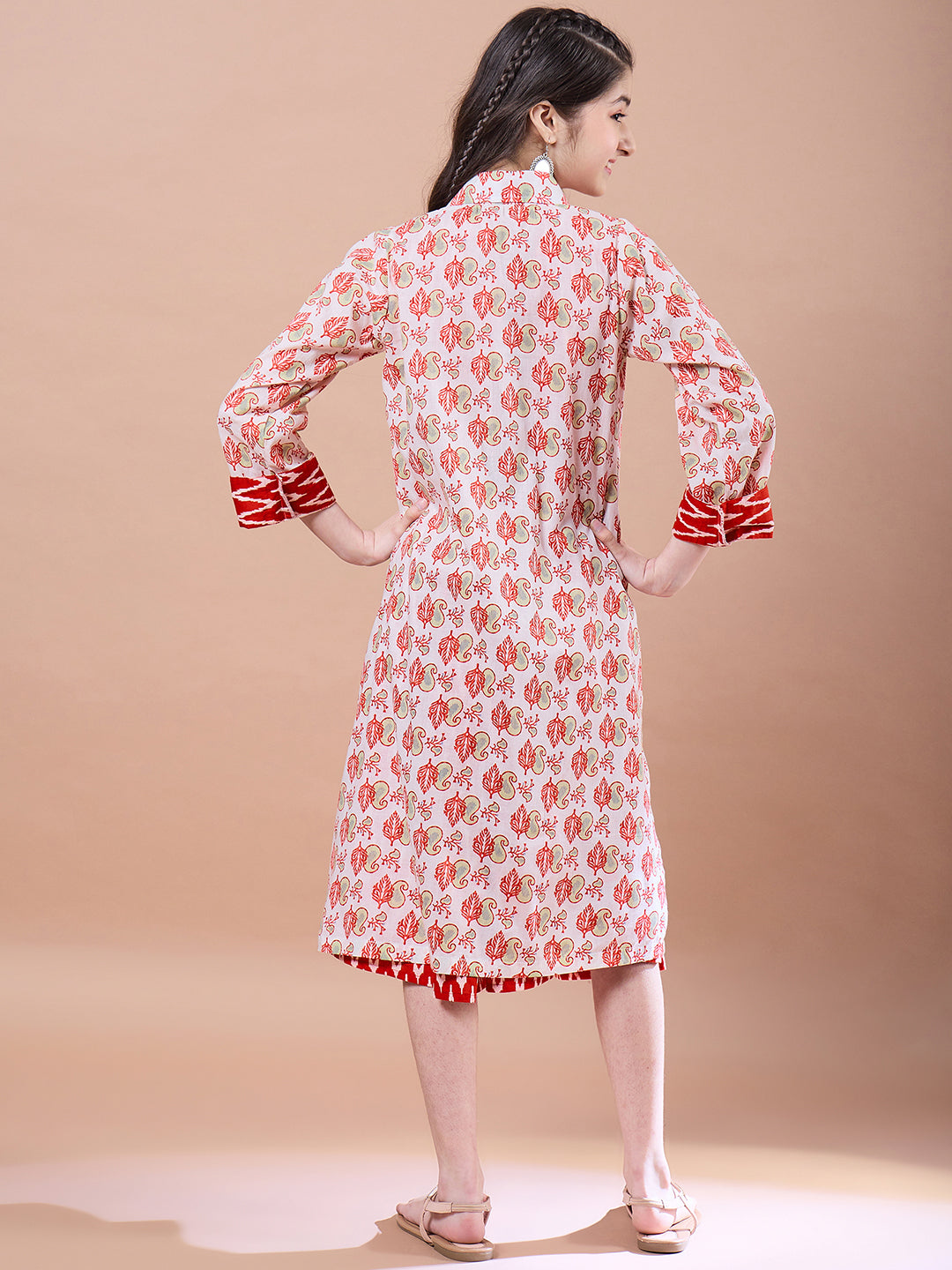 Girls Red floral print A-Line Cotton dress Round Neck Three-quarter sleeves Midi Dress (IW-REDIKKAT)