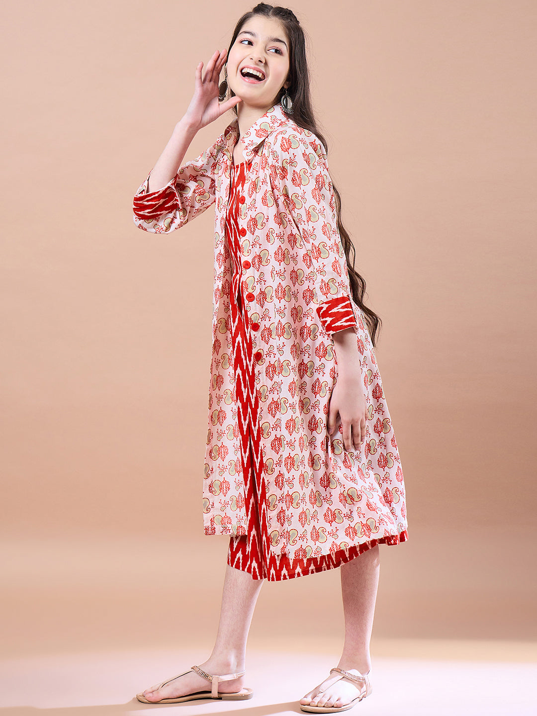 Girls Red floral print A-Line Cotton dress Round Neck Three-quarter sleeves Midi Dress (IW-REDIKKAT)