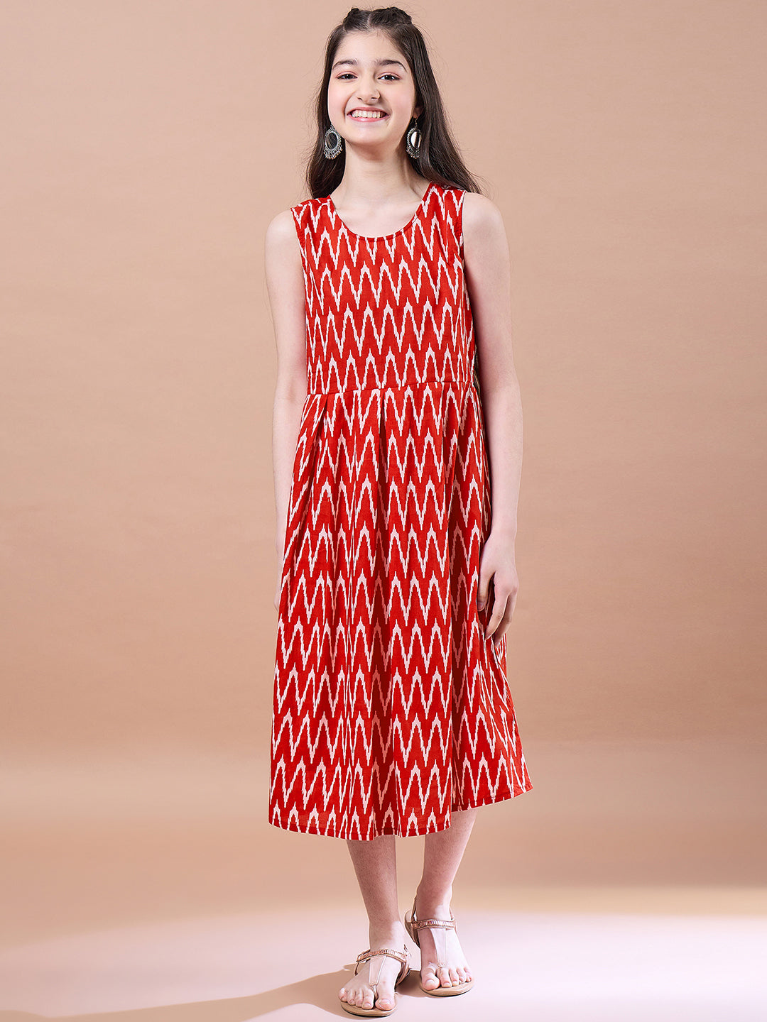 Girls Red floral print A-Line Cotton dress Round Neck Three-quarter sleeves Midi Dress (IW-REDIKKAT)