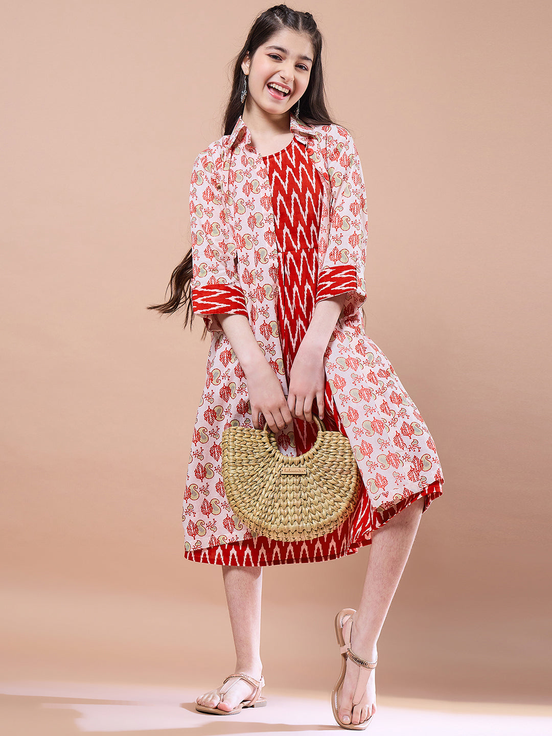Girls Red floral print A-Line Cotton dress Round Neck Three-quarter sleeves Midi Dress (IW-REDIKKAT)