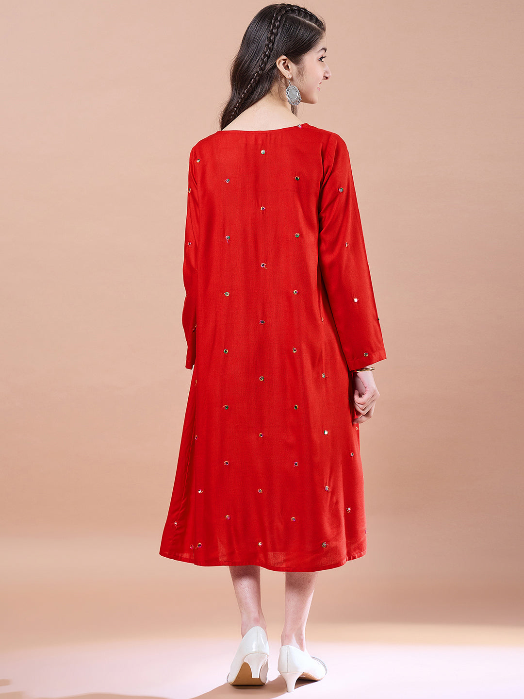 Girls Red ethnic motifs print a-line dress Cotton Round Neck Midi Dress With Shrug (IW-REDMIRROR)