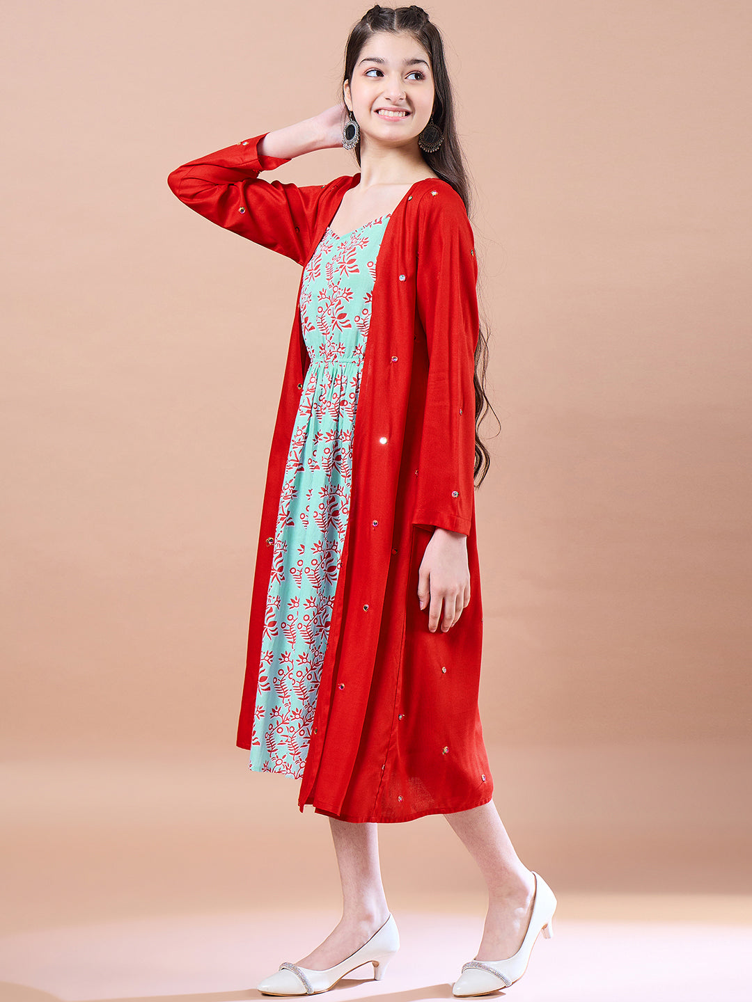 Girls Red ethnic motifs print a-line dress Cotton Round Neck Midi Dress With Shrug (IW-REDMIRROR)