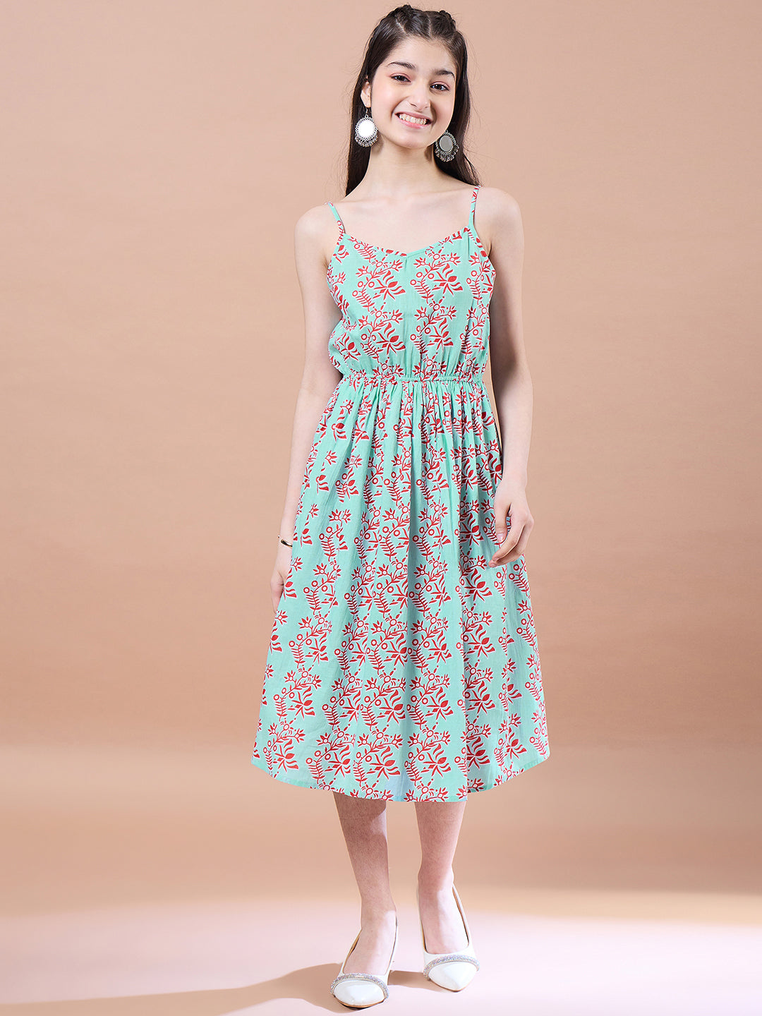 Girls Red ethnic motifs print a-line dress Cotton Round Neck Midi Dress With Shrug (IW-REDMIRROR)
