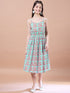 Girls Red ethnic motifs print a-line dress Cotton Round Neck Midi Dress With Shrug (IW-REDMIRROR)