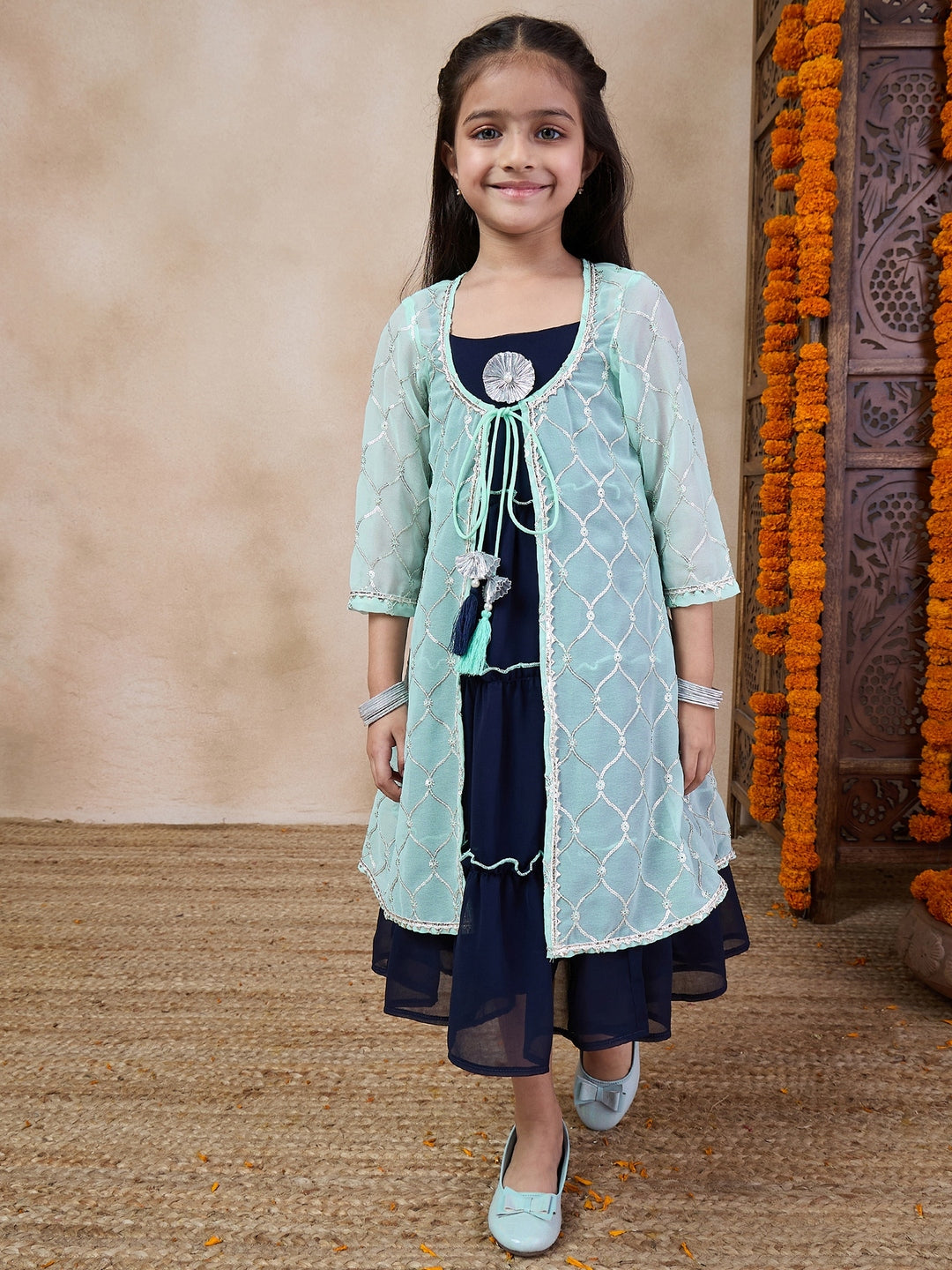 Girls Self Design Embellished Fit Flare Midi Georgette Ethnic Dress With Jacket (IW-SKYBLUEGGT)