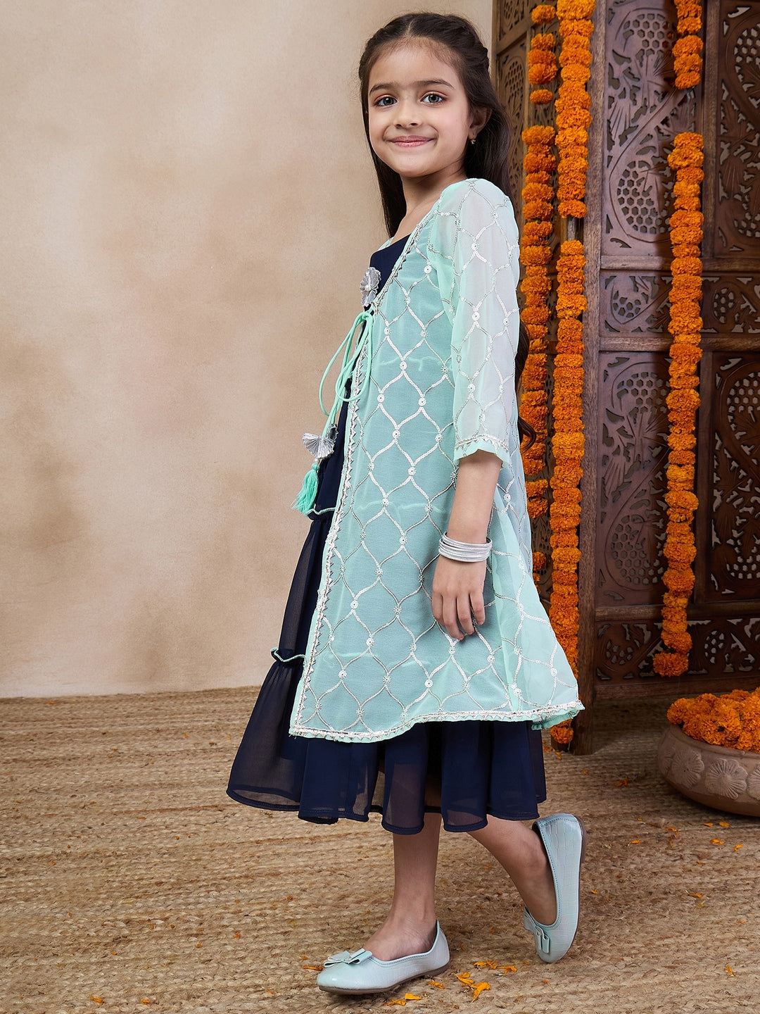 Girls Self Design Embellished Fit Flare Midi Georgette Ethnic Dress With Jacket (IW-SKYBLUEGGT)