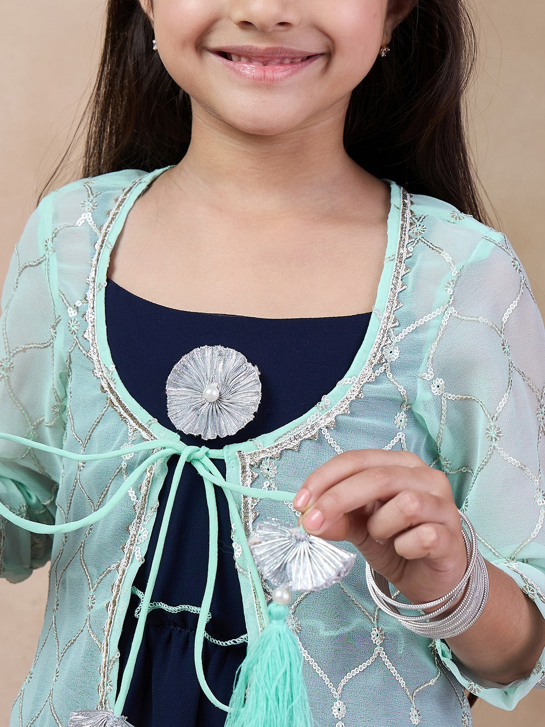 Girls Self Design Embellished Fit Flare Midi Georgette Ethnic Dress With Jacket (IW-SKYBLUEGGT)