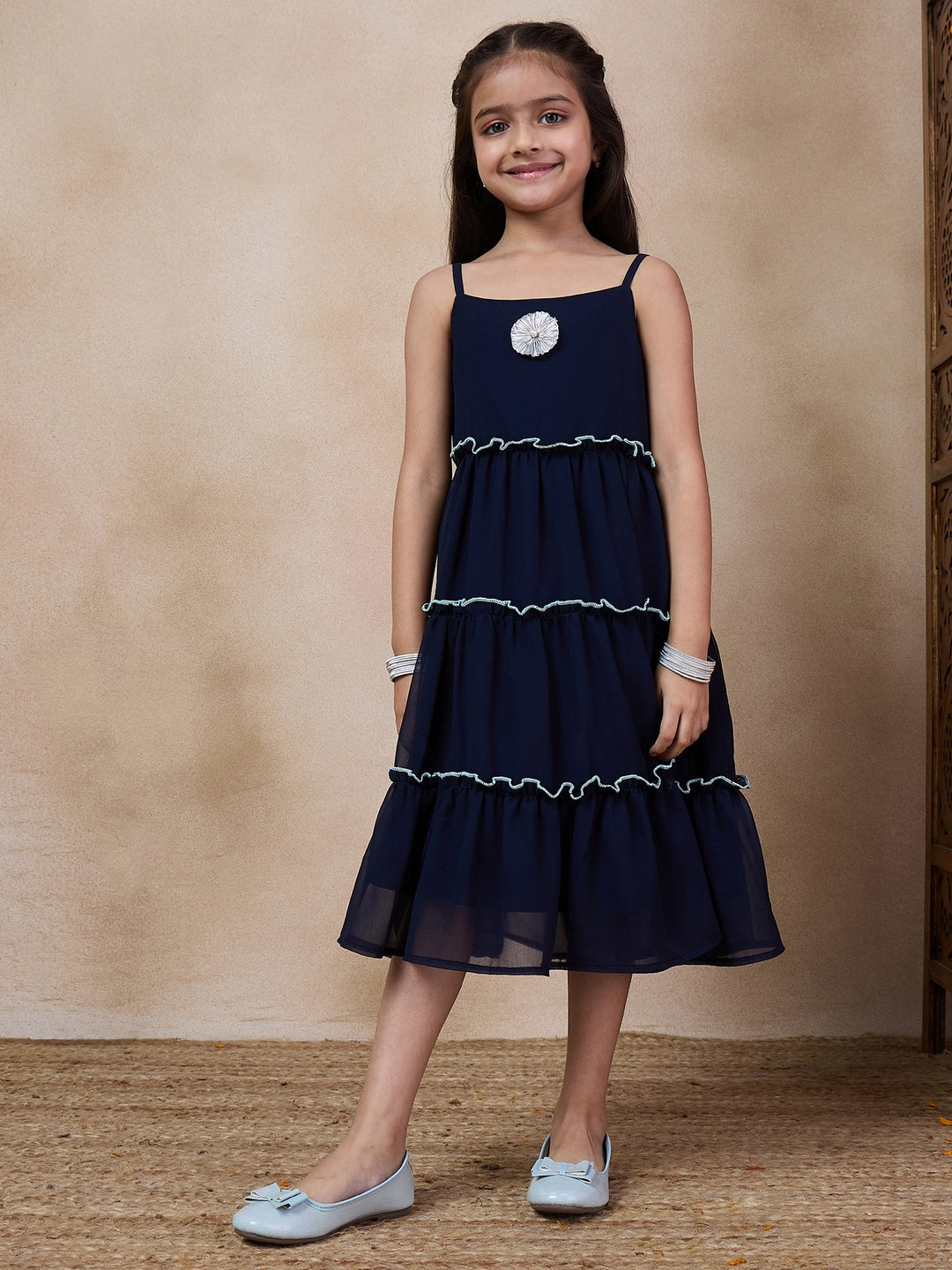 Girls Self Design Embellished Fit Flare Midi Georgette Ethnic Dress With Jacket (IW-SKYBLUEGGT)