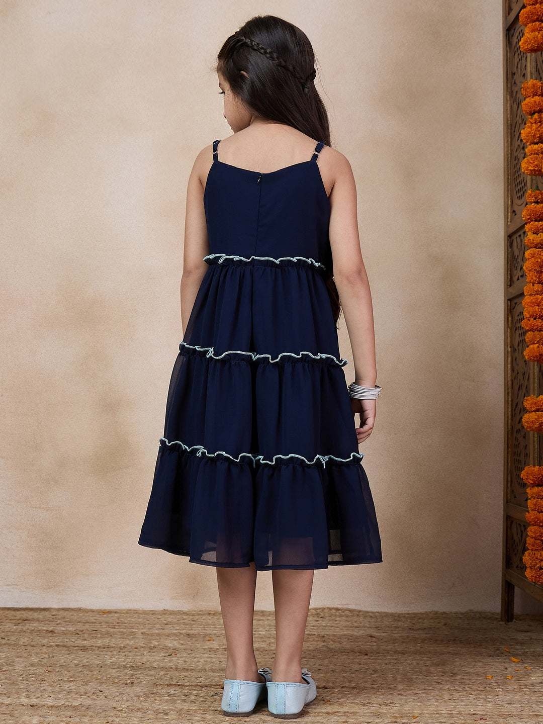 Girls Self Design Embellished Fit Flare Midi Georgette Ethnic Dress With Jacket (IW-SKYBLUEGGT)