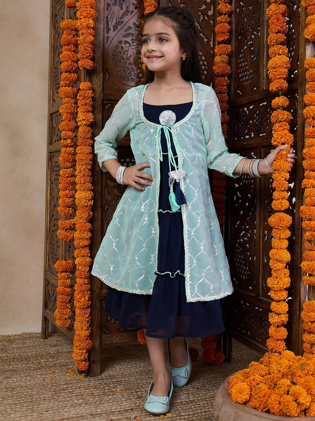 Girls Self Design Embellished Fit Flare Midi Georgette Ethnic Dress With Jacket (IW-SKYBLUEGGT)
