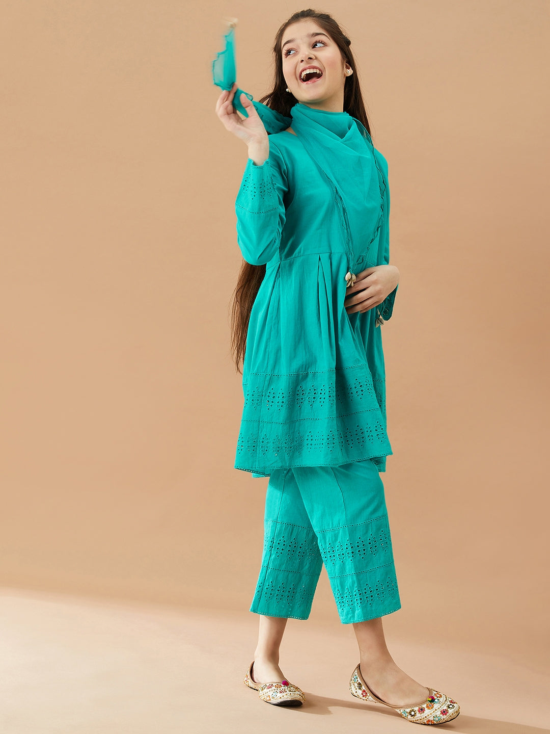 Girls Self Design Pure Cotton Tunic with Trousers (IW-TEALSCHIFFILY)