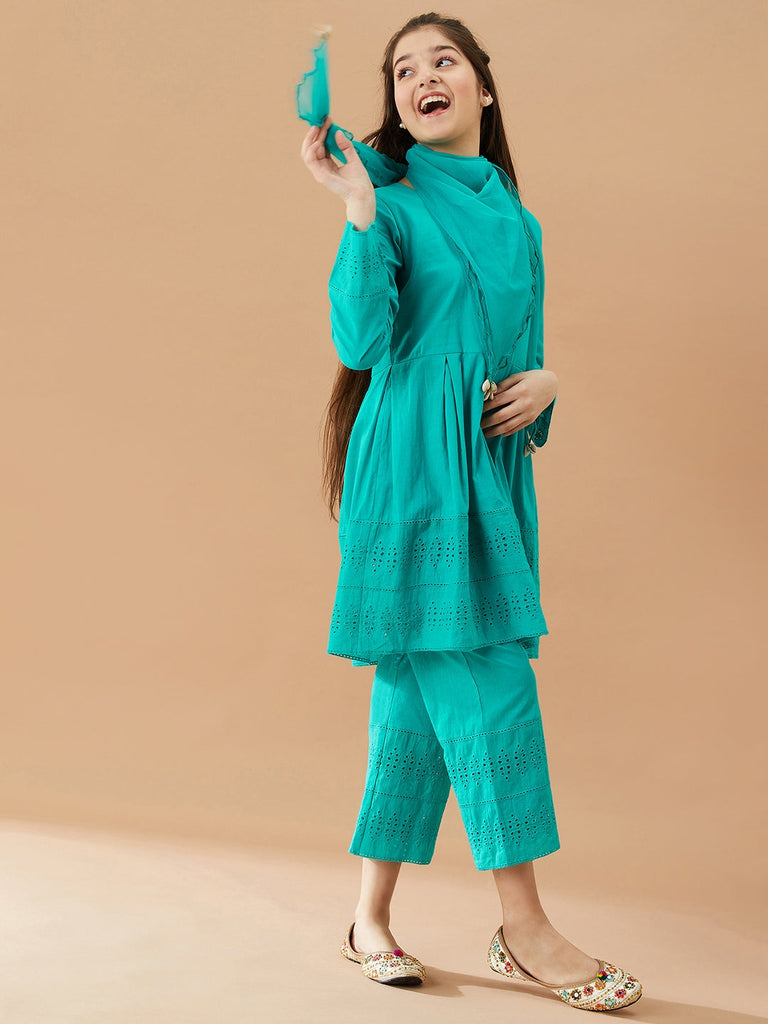 Girls Self Design Pure Cotton Tunic with Trousers (IW-TEALSCHIFFILY)