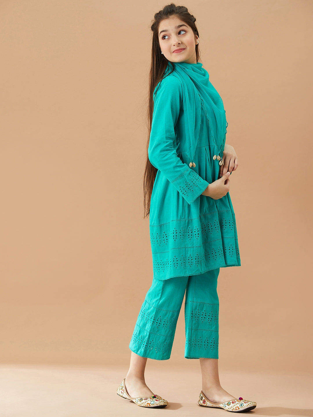 Girls Self Design Pure Cotton Tunic with Trousers (IW-TEALSCHIFFILY)