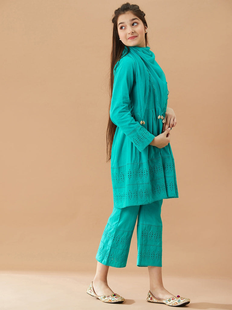 Girls Self Design Pure Cotton Tunic with Trousers (IW-TEALSCHIFFILY)