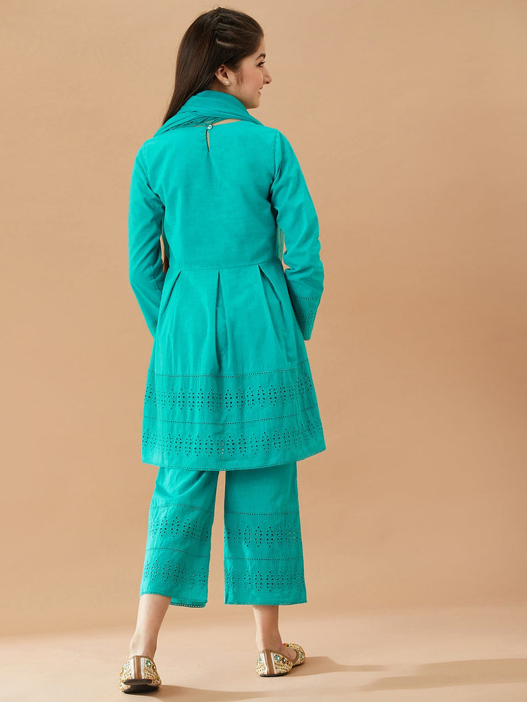 Girls Self Design Pure Cotton Tunic with Trousers (IW-TEALSCHIFFILY)