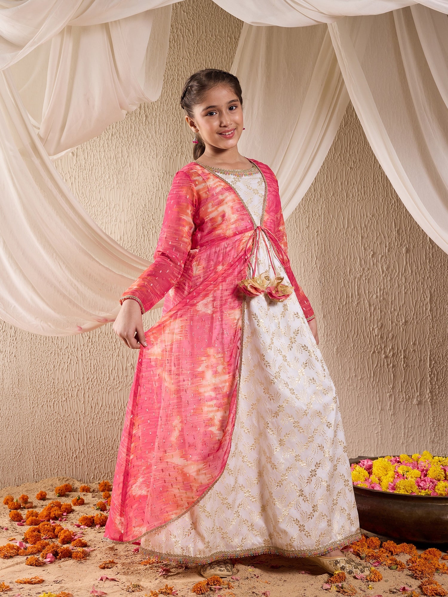 Pspeaches Girls Multi Ethnic Foil Print Silk A-Line Dress With Cape ( Sku-Iw-Whitebanarsicape )