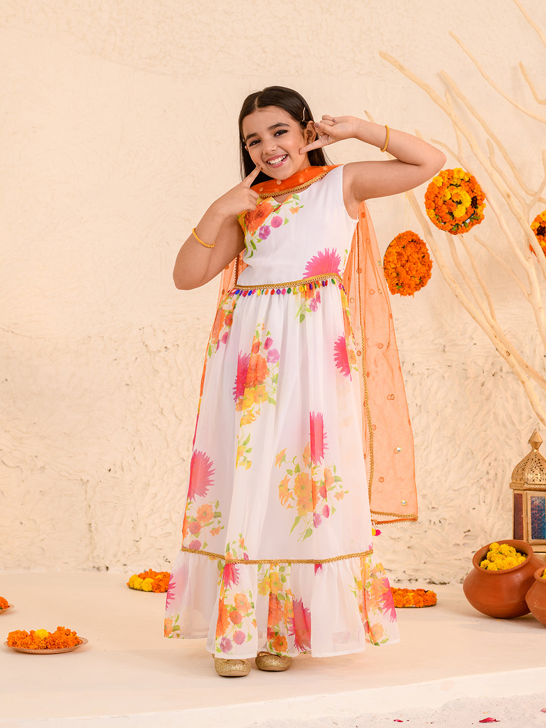 Girls Floral Printed Fit Flare Maxi Ethnic Dress With Dupatta (IW-WHITEGGT)