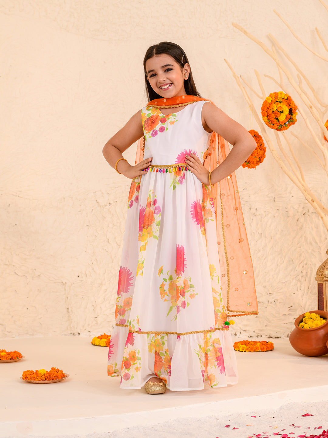 Girls Floral Printed Fit Flare Maxi Ethnic Dress With Dupatta (IW-WHITEGGT)